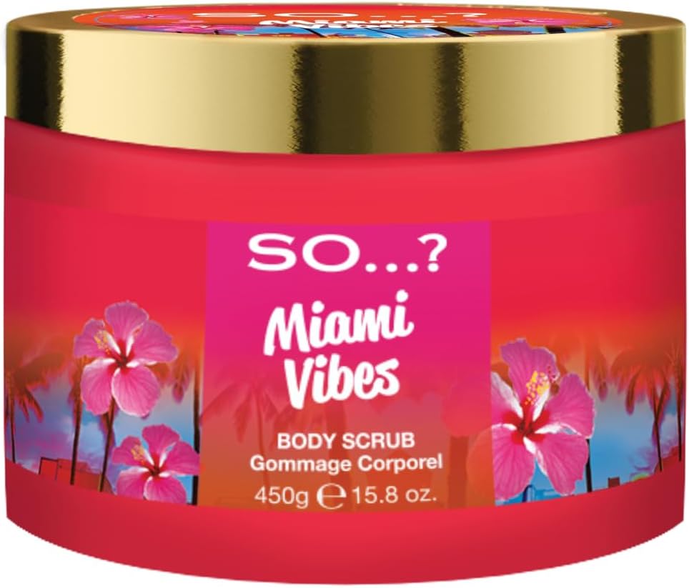 So…? Escapes Women's Miami Vibes Fruity and Floral Exfoliating Body Scrub 450g With Sweet Pear, Green Melon and Apple Blossom Fragrance, Cruelty Free