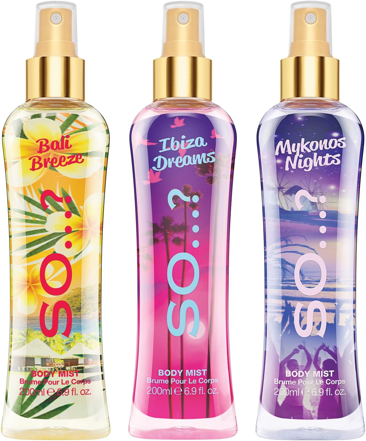 So…? Summer Escapes Womens Bali Breeze, Ibiza Dreams, Mykonos Nights Body Mist Mixed Fragrance 200ml Bundle (Pack of 3)