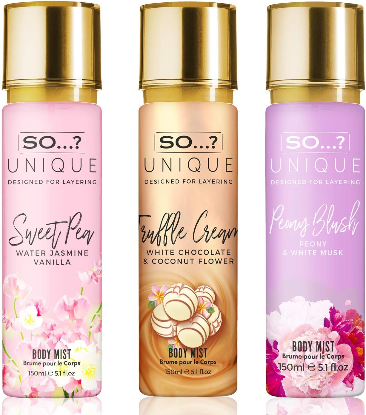 So…? Unique Womens Pink Bouquet Bundle Sweet Pea, Truffle Cream, Peony Blush Body Mist Spray Mixed Fragrance Bundle 150ml (Pack of 3)