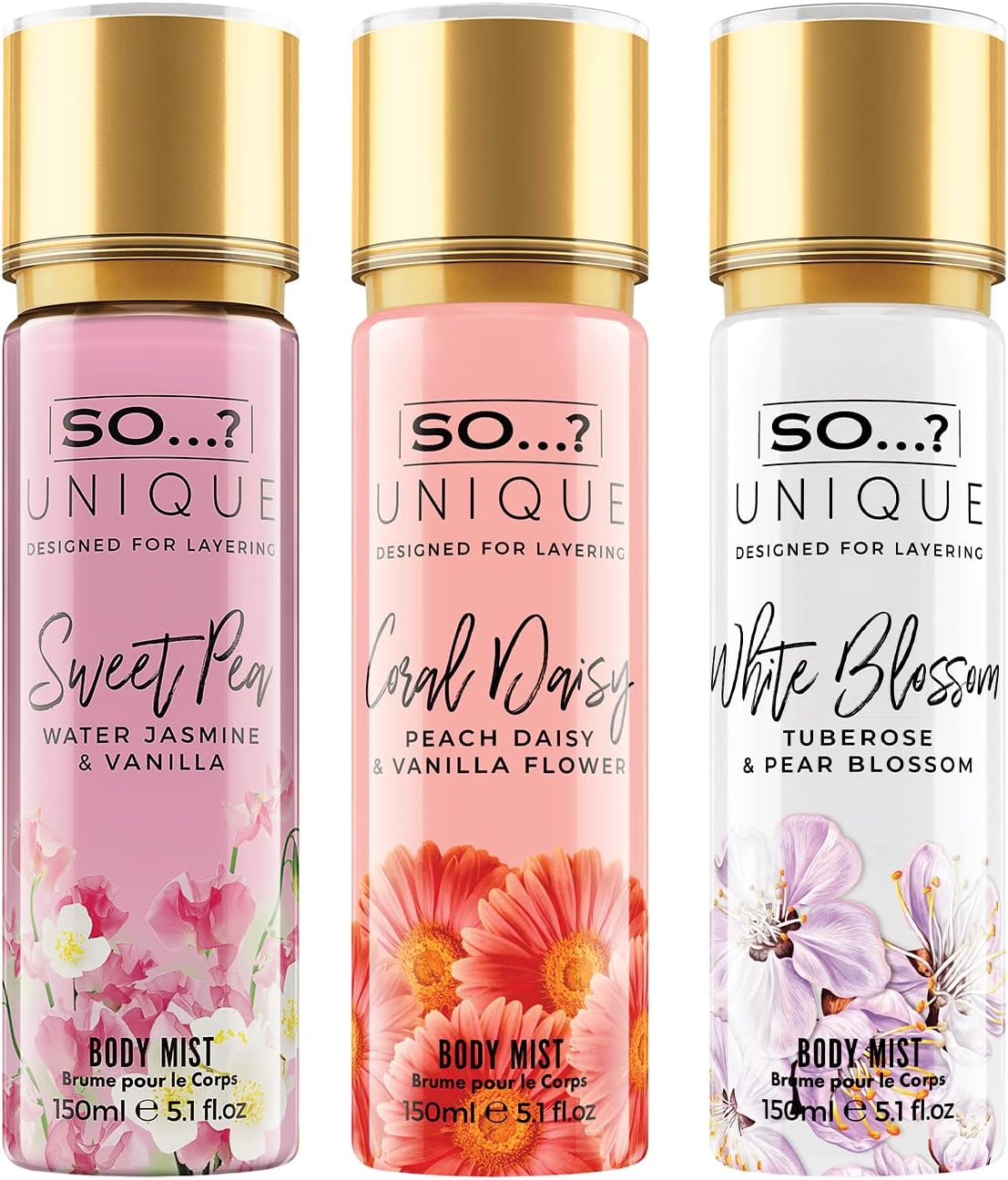 So…? Unique Womens Summer Breeze Bundle Sweet Pea, Coral, White Blossom Body Mist Spray Mixed Fragrance Set 150ml (Pack of 3)